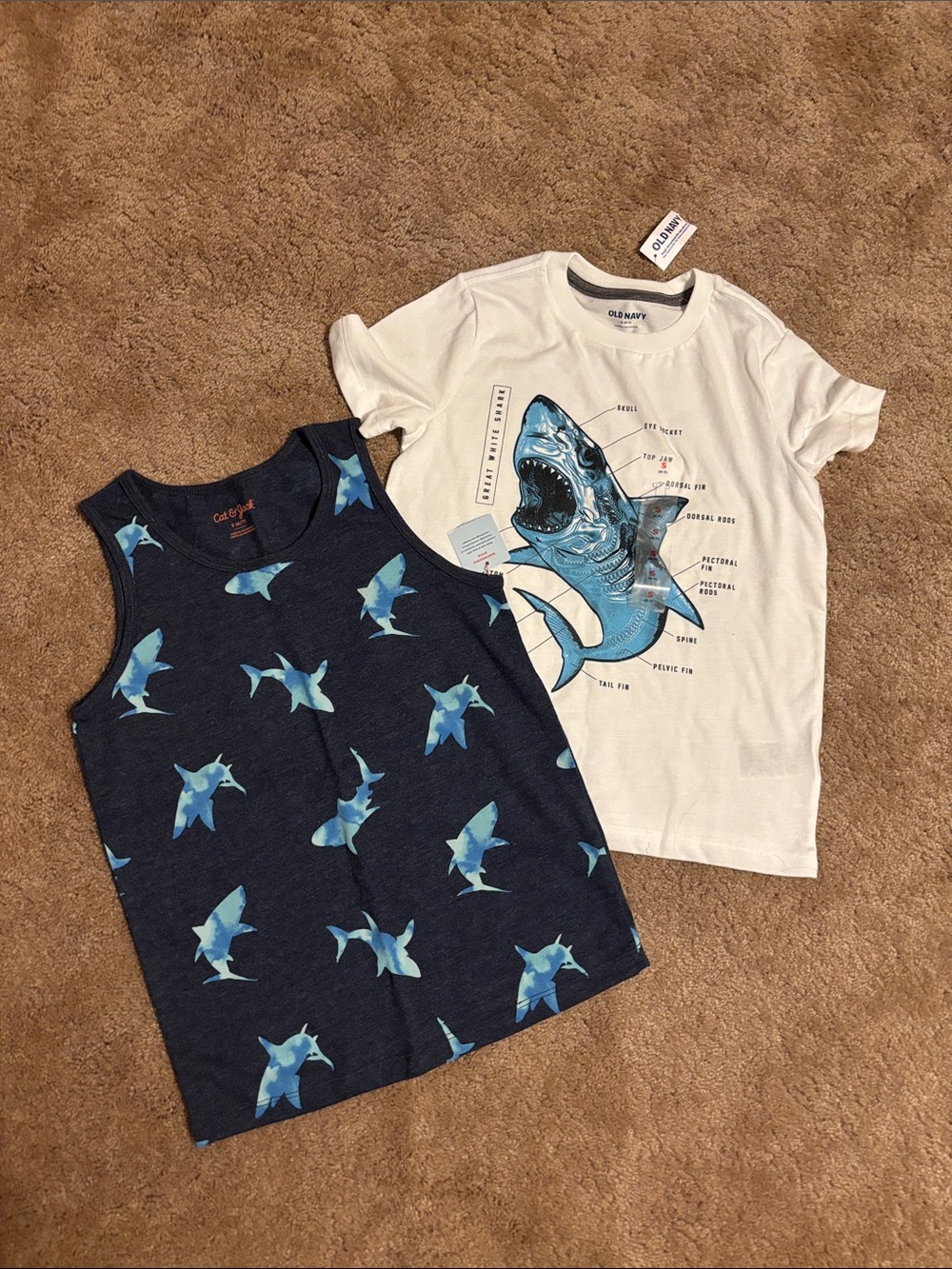Old Navy White Shark Graphic Tee & Navy Shark Print Tank